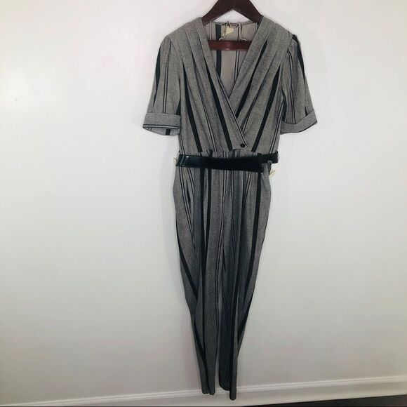 Vintage Striped Jumpsuit Pants Belted 70s M 12 80s Retro Business Suit - Picture 2 of 6